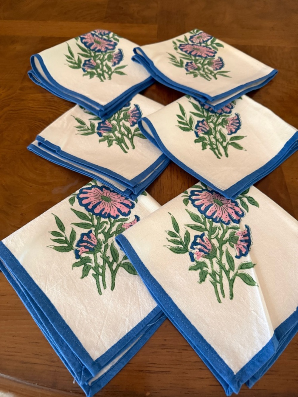 Set of 6 Pink Floral Linen Napkins with Blue Border